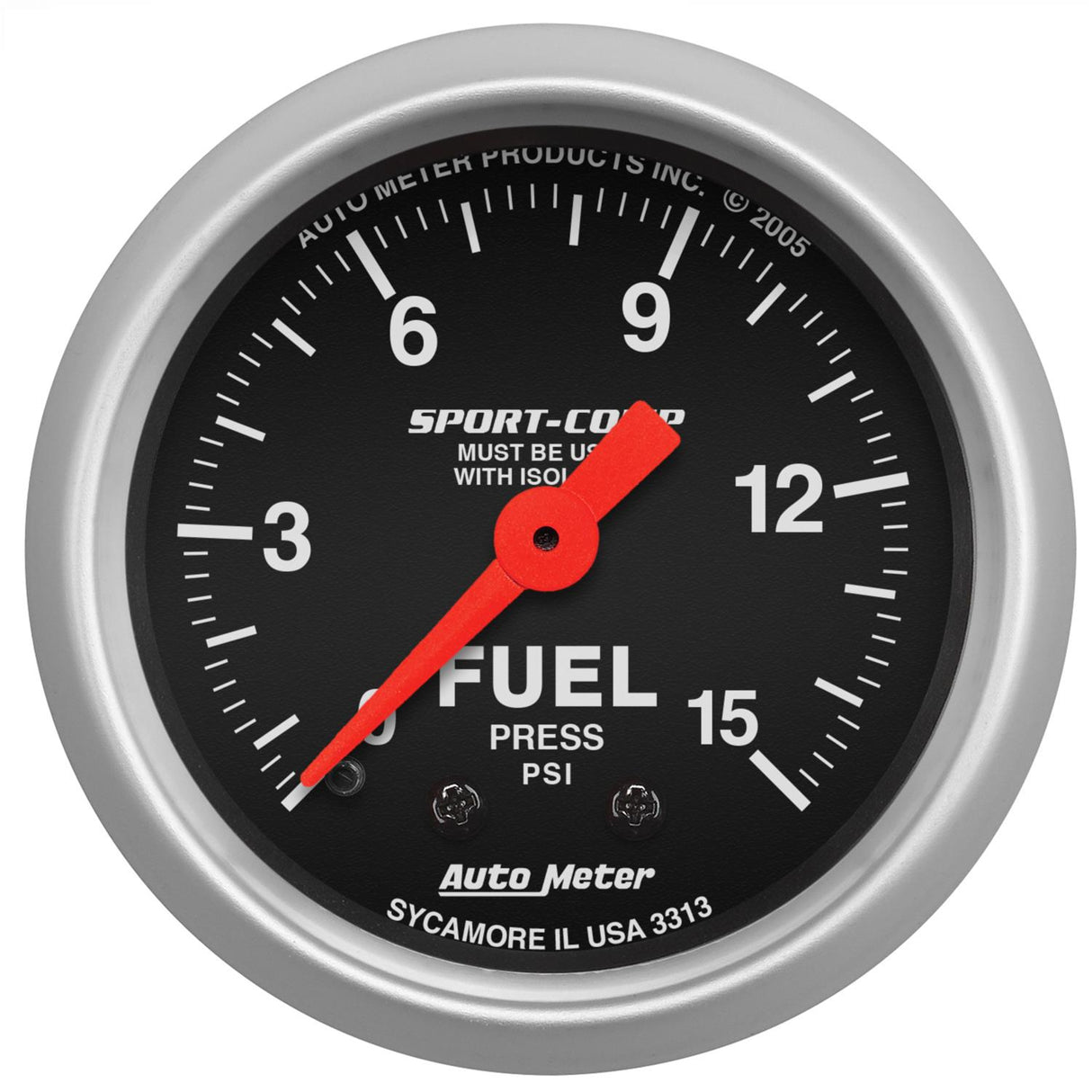 SPORT COMP 2 1/16" FUEL PRESSURE 0-15 PSI WITH ISOLATOR 3313