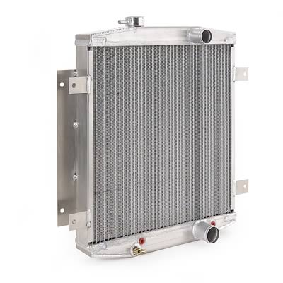 BE COOL RADIATOR.ALLOY. FORD 1962-69 FAIRLANE / RANCHERO / FALCON / GALAXIE / CROWN VIC / TORINO / COMET / CYCLONE. LH SIDE UPPER , RH SIDE LOWER. 19" WIDE 22" HIGH. DOWN FLOW. AUTOTRANS. NATURAL FINISH.