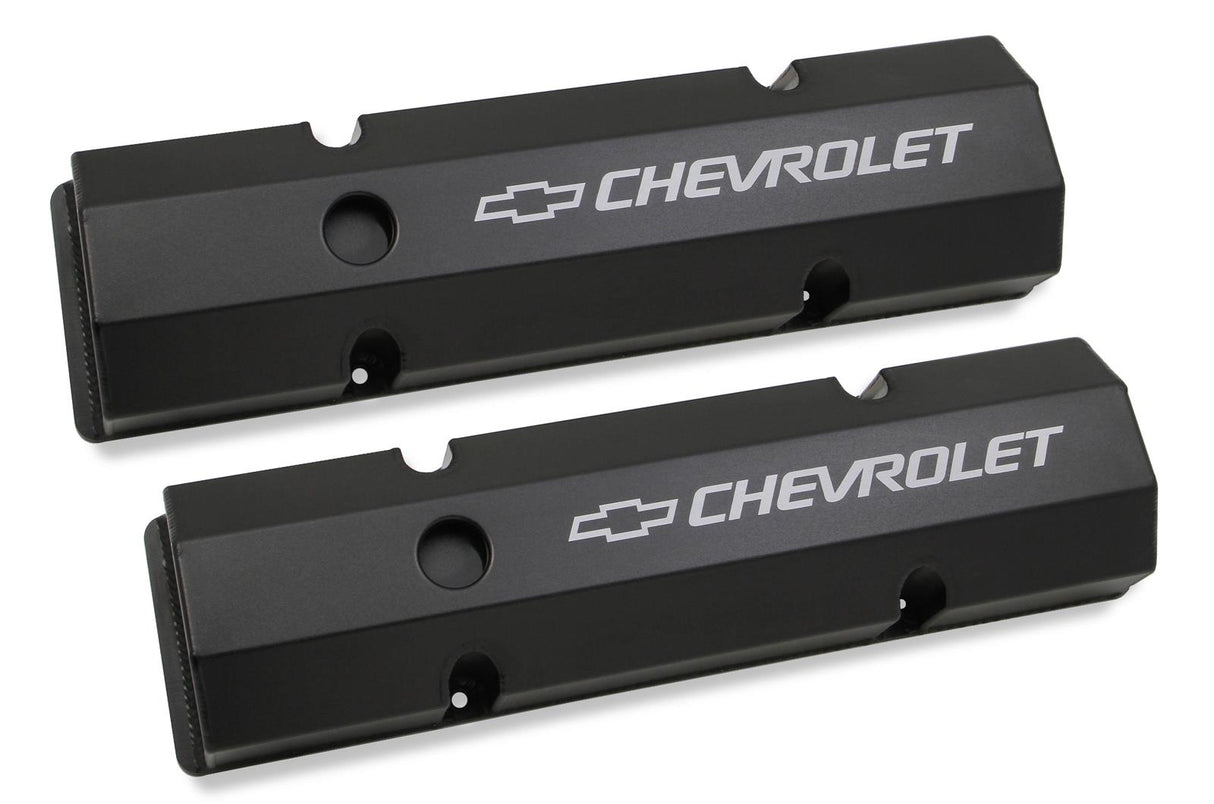 VALVE COVERS SB CHEV FABRICATED  BLACK "CHEVROLET"