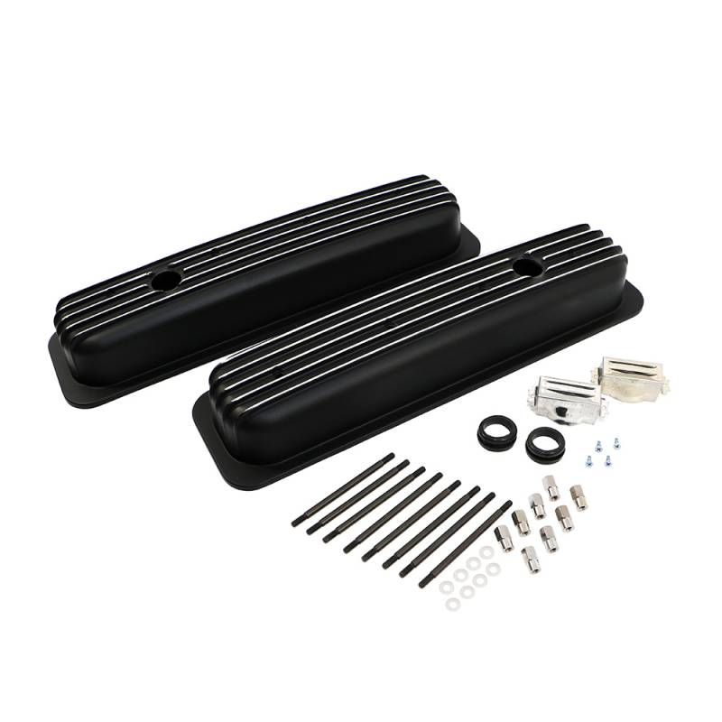 VALVE COVERS CHEV SB LATE CENTRE BOLT FINNED ALLOY BLACK